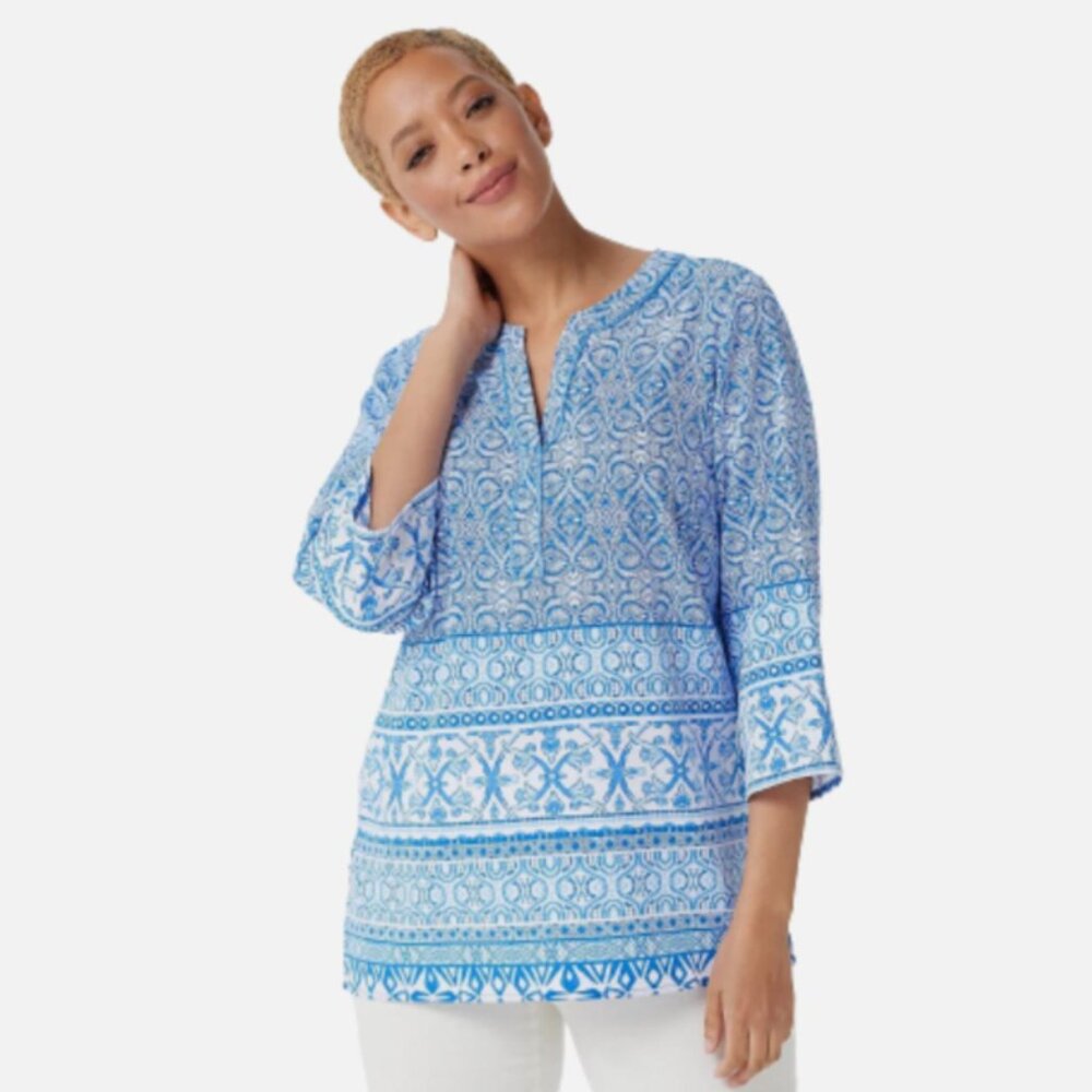 Susan Graver Regular Printed Stretch Woven 3/4-Sleeve Tunic S